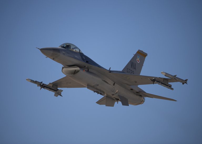 A fighter jet takes off from an Air Force base in Nevada.