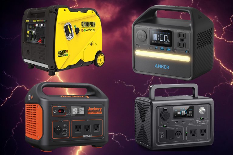 A lineup of storm generators on a background with lightning in the sky.