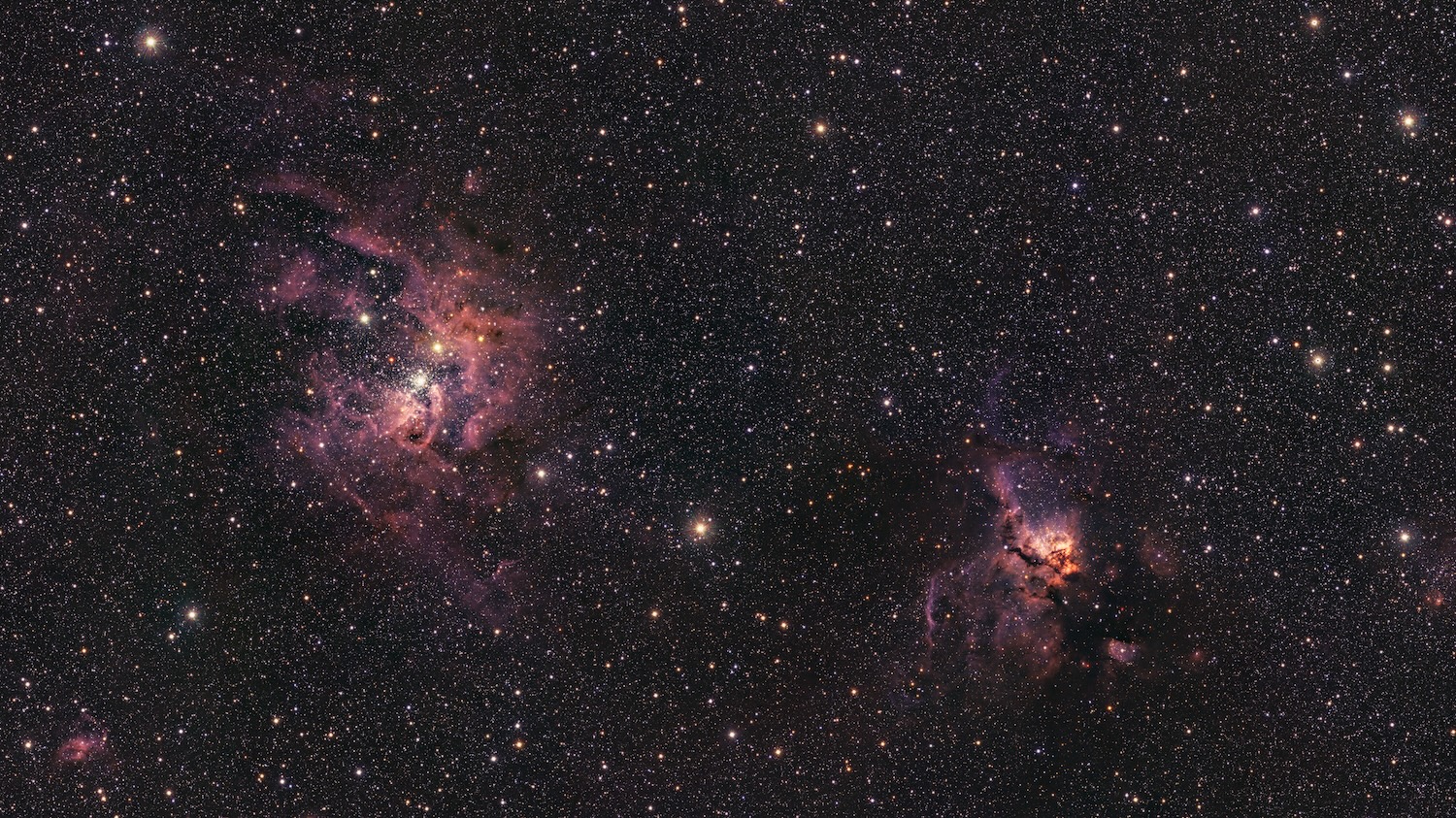 This Picture of the Week shows a new view of NGC 3603 (left) and NGC 3576 (right), two stunning nebulas imaged with ESO’s Visible and Infrared Survey Telescope for Astronomy (VISTA). This infrared image peers through the dust in these nebulas, revealing details hidden in optical images.  NGC 3603 and NGC 3576 are 22,000 and 9,000 lightyears away from us, respectively. Inside these extended clouds of dust and gas, new stars are born, gradually changing the shapes of the nebulas via intense radiation and powerful winds of charged particles. Given their proximity, astronomers have the opportunity to study the intense star formation process that is as common in other galaxies but harder to observe due to the vast distances. The two nebulas were catalogued by John Frederick William Herschel in 1834 during a trip to South Africa, where he wanted to compile stars, nebulas and other objects in the sky of the southern hemisphere. This catalogue was then expanded by John Louis Emil Dreyer in 1888 into the New General Catalogue, hence the NGC identifier in these and other astronomical objects.