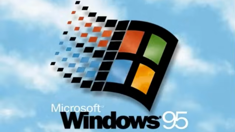 Windows 95 startup logo screen on blue sky background