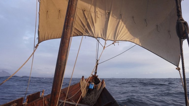 View from Viking clinker sail boat at sea