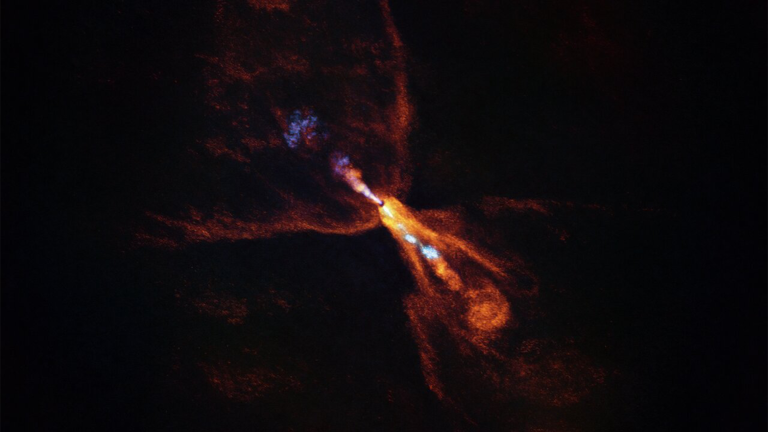 This is HOPS-315, a baby star where astronomers have observed evidence for the earliest stages of planet formation. These observations show that hot minerals are beginning to solidify. In orange we see the distribution of carbon monoxide, blowing away from the star in a butterfly-shaped wind. In blue we see a narrow jet of silicon monoxide, also beaming away from the star. These gaseous winds and jets are common around baby stars like HOPS-315.