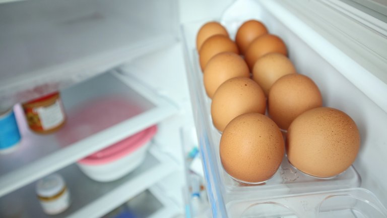 eggs arrange on refrigerator shelf